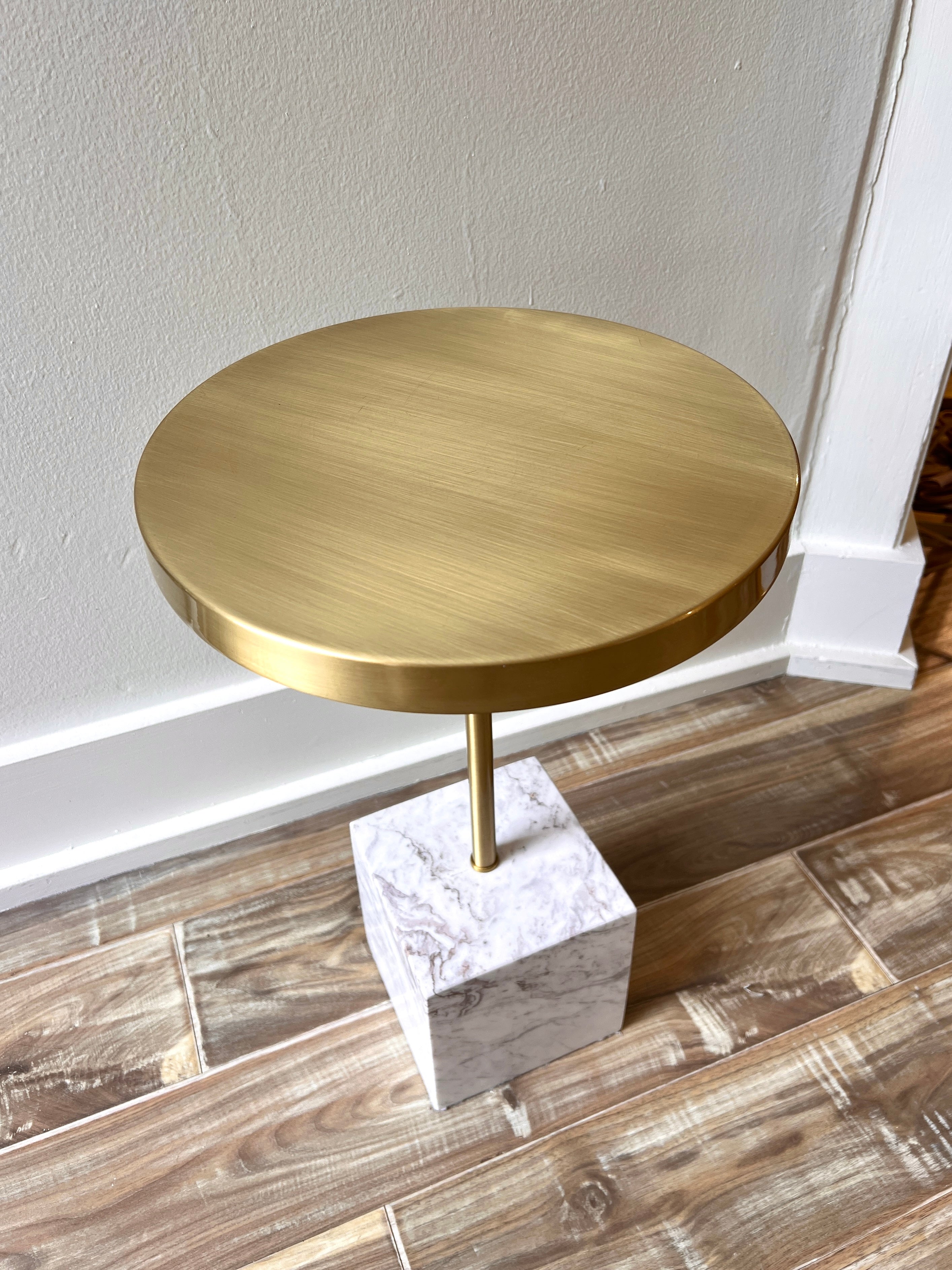 Contemporary white marble and brass top side table.