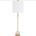 Slender gold table lamp with white alabaster accents and a white drum lampshade