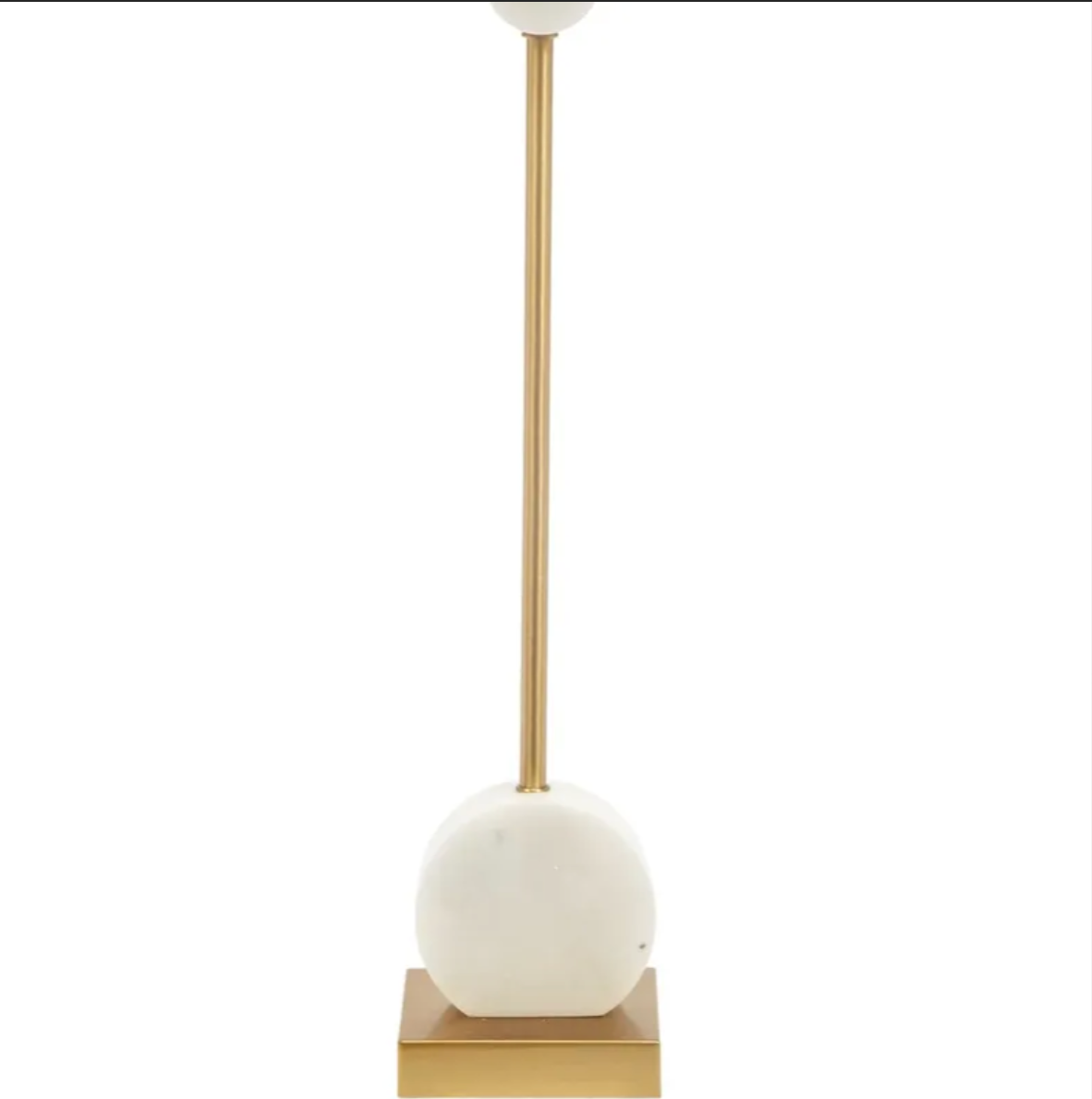 Slender gold table lamp with white alabaster accents and a white drum lampshade