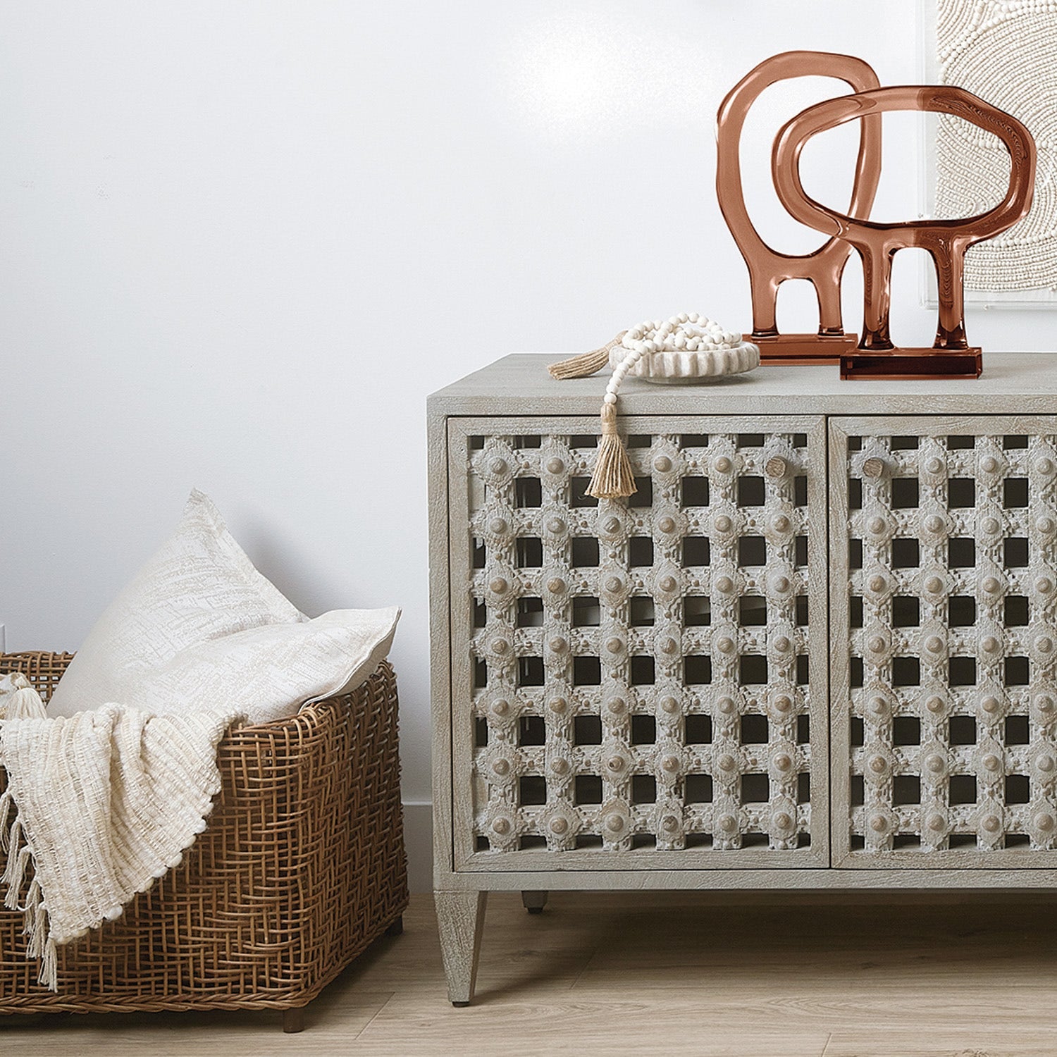 Analia decorative tray set in beige marble styled in a living room in Nashville, Tennessee 