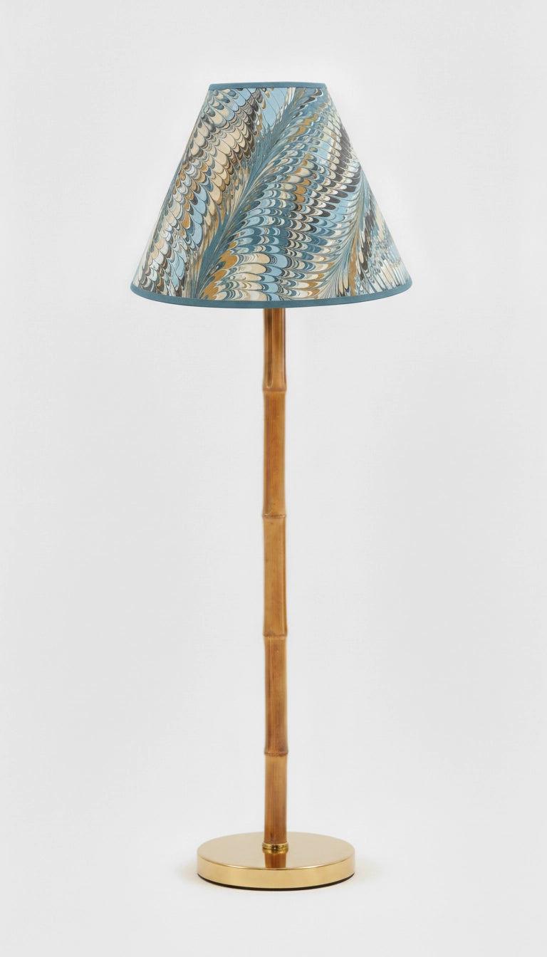 Aqua Marbled Empire Lampshade with earthy toned swirl detail styled on a wood table lamp in Nashville, Tennessee