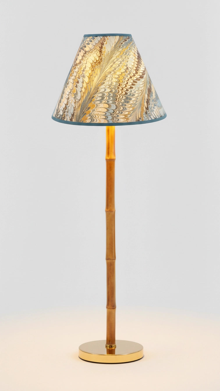 Aqua Marbled Empire Lampshade with earthy toned swirl detail styled on a wood table lamp in Nashville, Tennessee