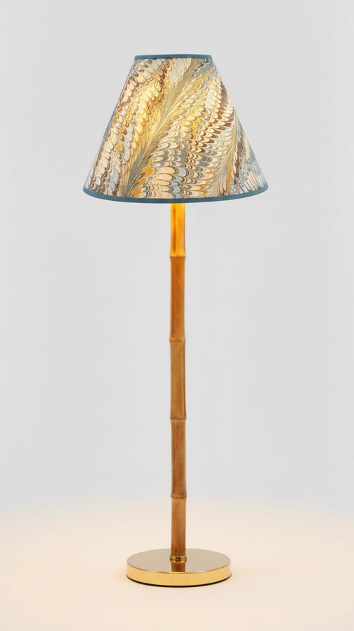 Aqua Marbled Empire Lampshade with earthy toned swirl detail styled on a wood table lamp in Nashville, Tennessee