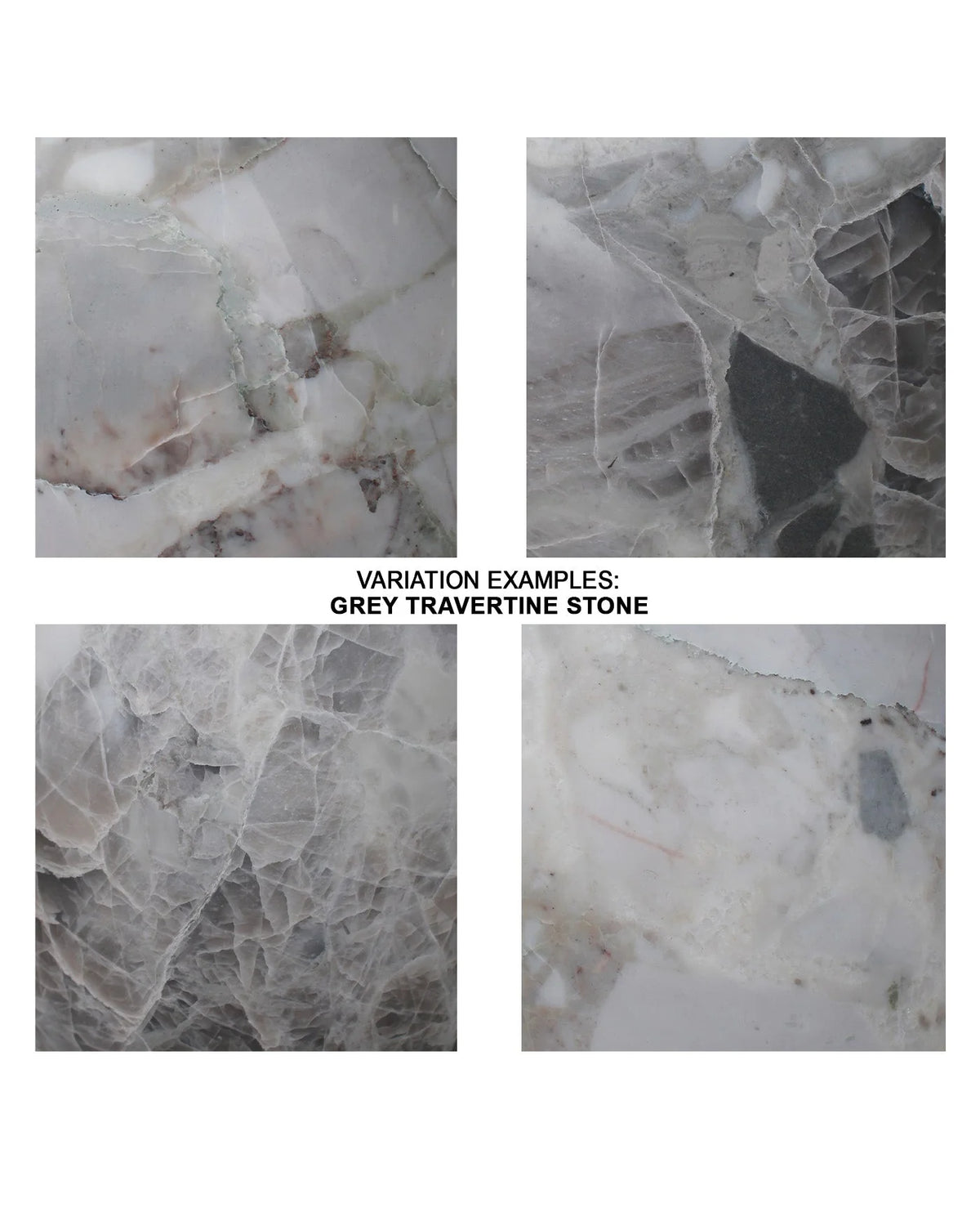 Four square close-up samples of grey travertine stone showing natural marbling and fissures, arranged in a grid with the text 'VARIATION EXAMPLES: GREY TRAVERTINE STONE' between them on a white background.