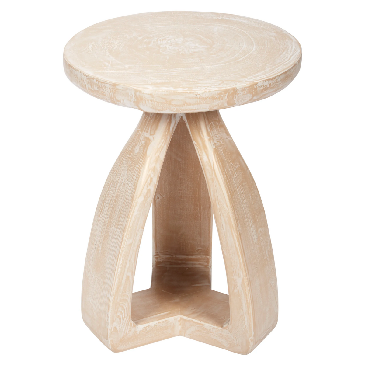 Alden Accent Table featuring a round tabletop, sculptural curved wood base with open geometric detailing, and a natural whitewashed pine finish.