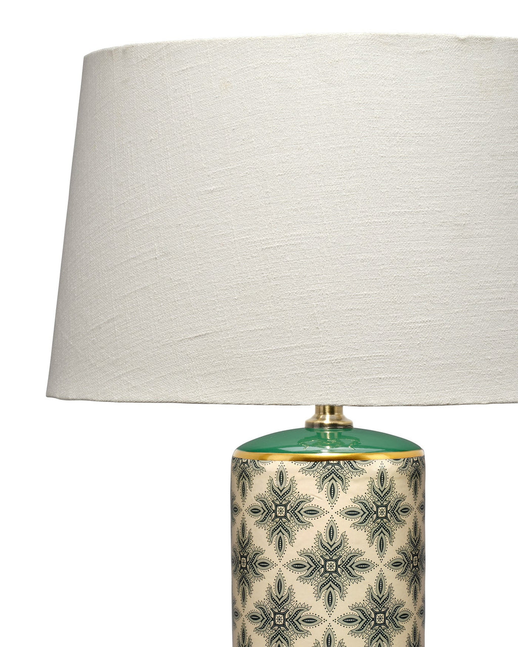 Close up shot of a table lamp with repeating hand-stamped green pattern on a cream background with a tapered white lampshade.