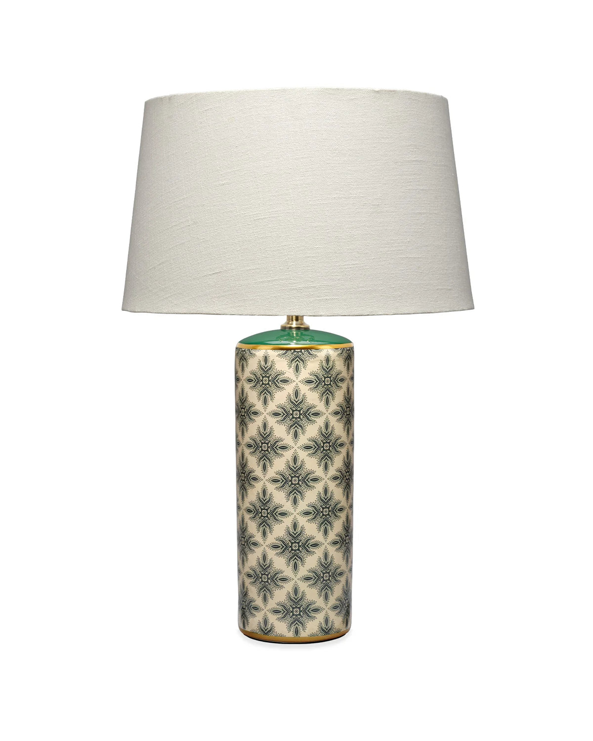 A table lamp with a large off-white fabric drum shade and a cylindrical ceramic base featuring a green and beige geometric pattern, set against a plain white background.