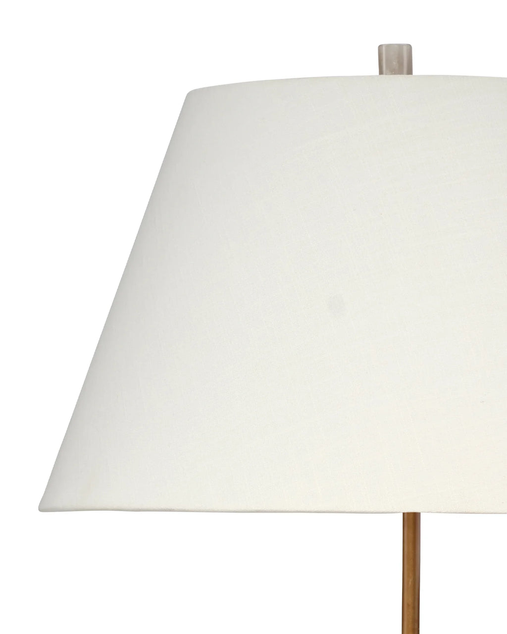 Tall turned wood floor lamp with washed white finish and a tapered white linen lampshade