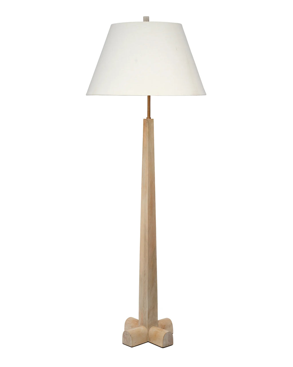 Tall turned wood floor lamp with washed white finish and a tapered white linen lampshade