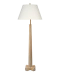 Tall turned wood floor lamp with washed white finish and a tapered white linen lampshade