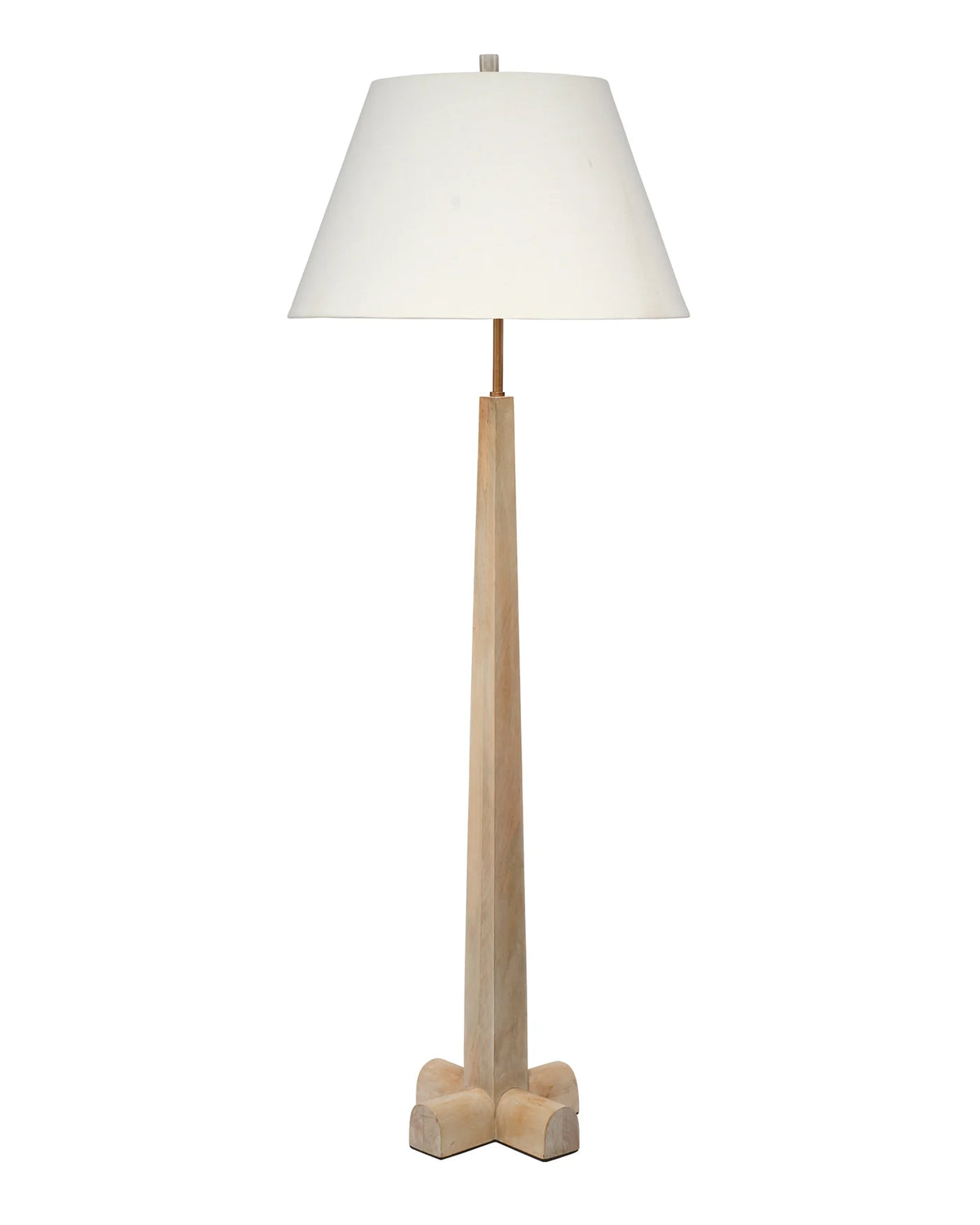Tall turned wood floor lamp with washed white finish and a tapered white linen lampshade