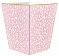 Blush Antelope Wastebasket featuring a soft pink and ivory antelope-inspired animal print, gold-toned trim, and a tapered square silhouette with a flat top edge.