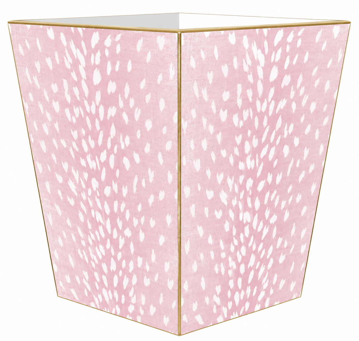 Blush Antelope Wastebasket featuring a soft pink and ivory antelope-inspired animal print, gold-toned trim, and a tapered square silhouette with a flat top edge.