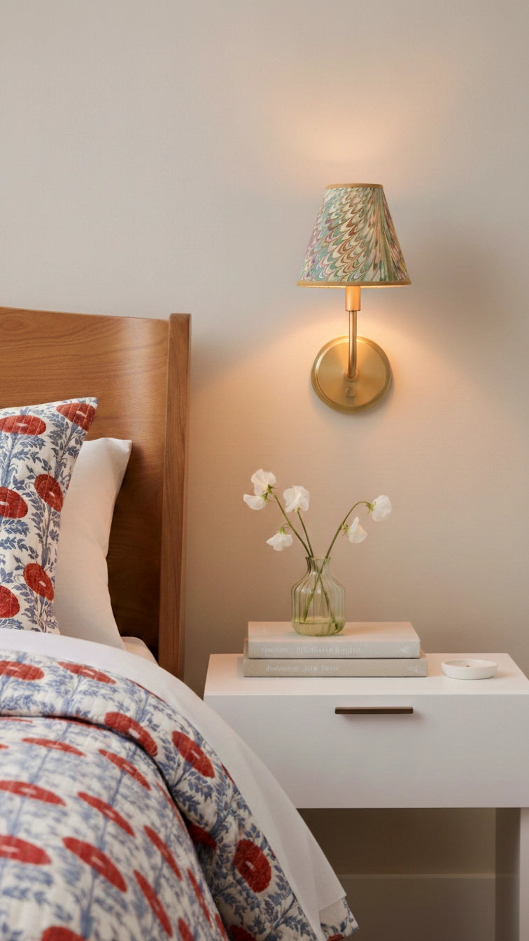 Marbled sconce shade in caramel, burgundy, teal, and pink swirls with a caramel trim styled on a brass sconce in a bedroom.