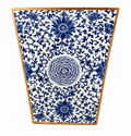 Blue and white floral motif wastebasket with gold trim