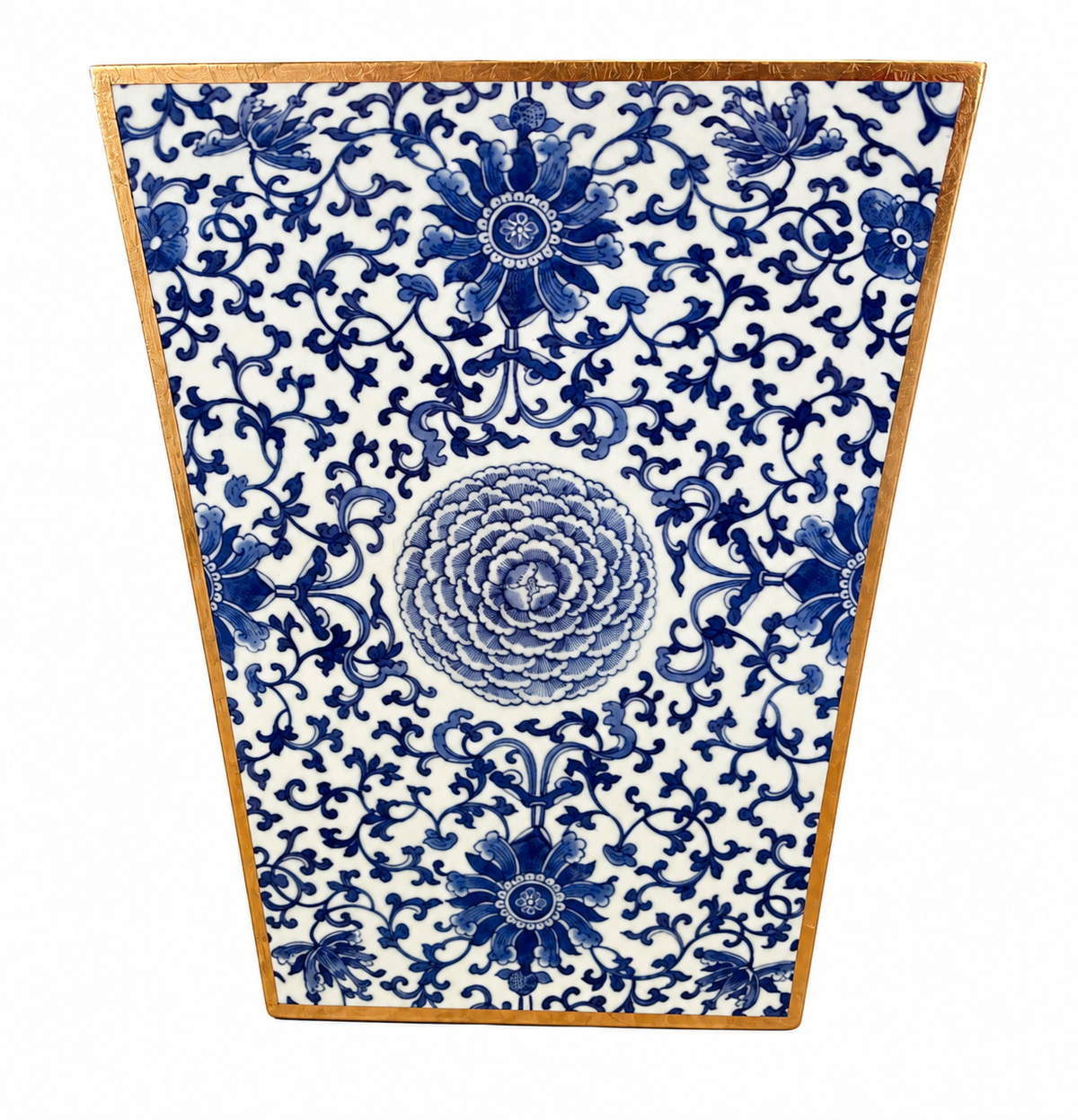 Blue and white floral motif wastebasket with gold trim