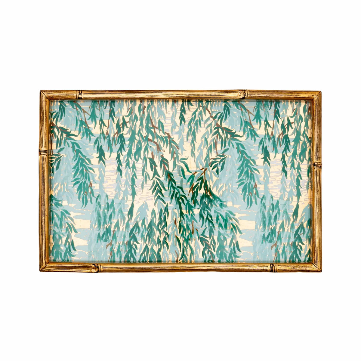 Decorative vanity tray featuring weeping willows and a bamboo edge 