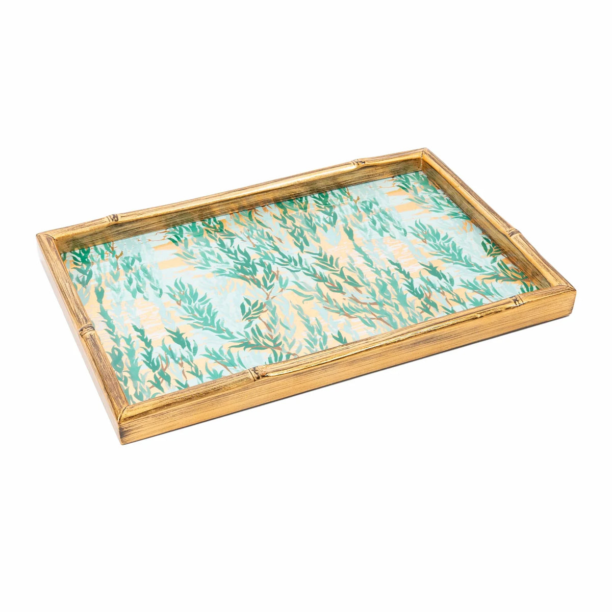 Decorative vanity tray featuring weeping willows and a bamboo edge 