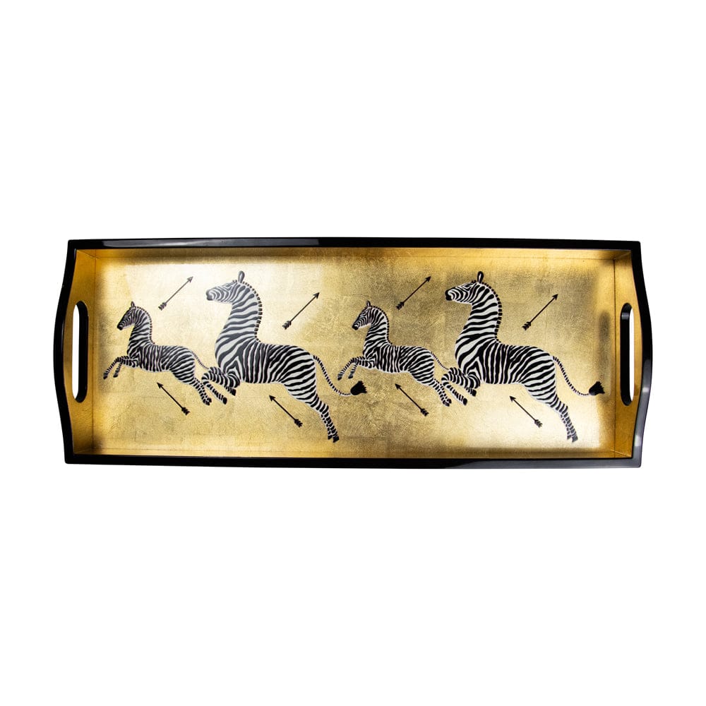 Handmade wood and lacquered tray with Zebra motif in gold and black by Caspari