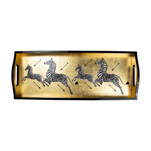 Handmade wood and lacquered tray with Zebra motif in gold and black by Caspari