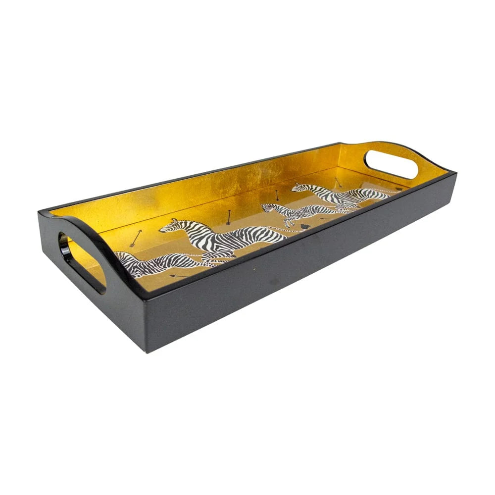 Handmade wood and lacquered tray with Zebra motif in gold and black by Caspari