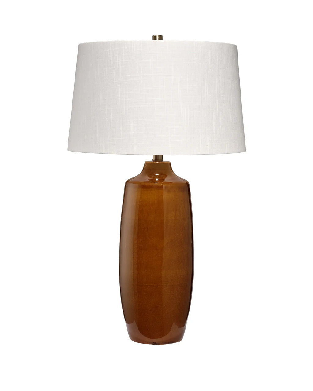Table lamp with a brown ceramic base and white shade on a white background