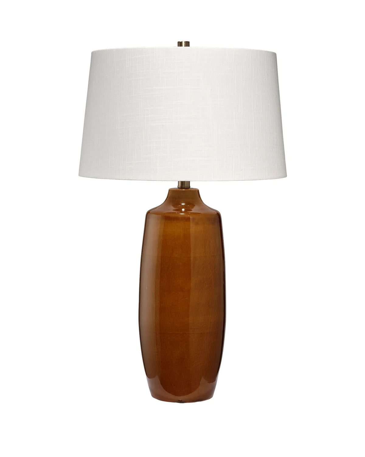 Table lamp with a brown ceramic base and white shade on a white background