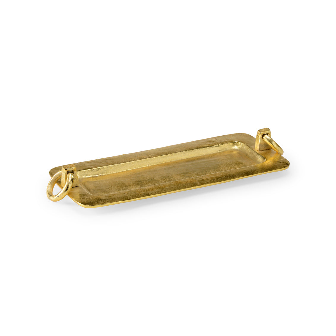 Cleo Gold Tray featuring an elongated rectangular silhouette, textured antique gold finish, raised edges, and sculptural ring handles at each end, displayed on a white background.