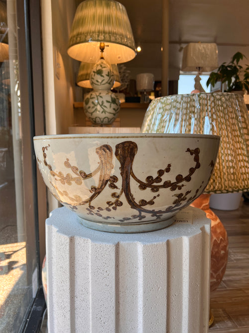 Cream and brown ceramic decorative bowl with Asian inspired branch and blossom motif 