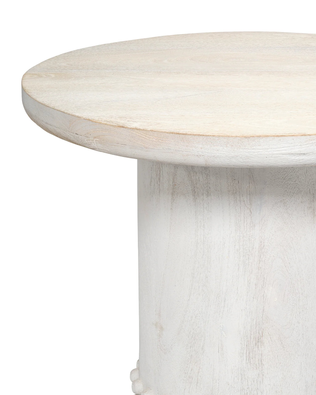 Round wood table with a white base on a white background