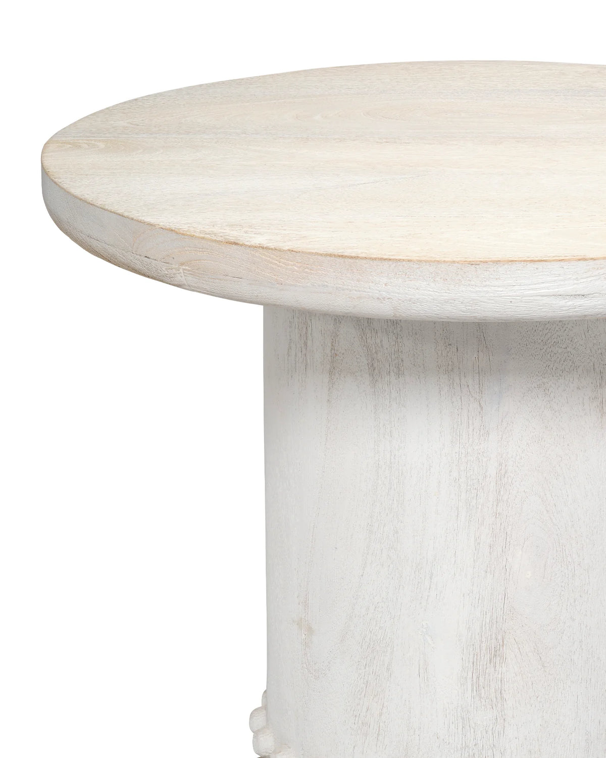 Round wood table with a white base on a white background