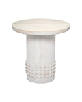A round side table with a light natural wood top and a distressed white cylindrical base featuring a textured band of raised studs, shown on a plain white background.