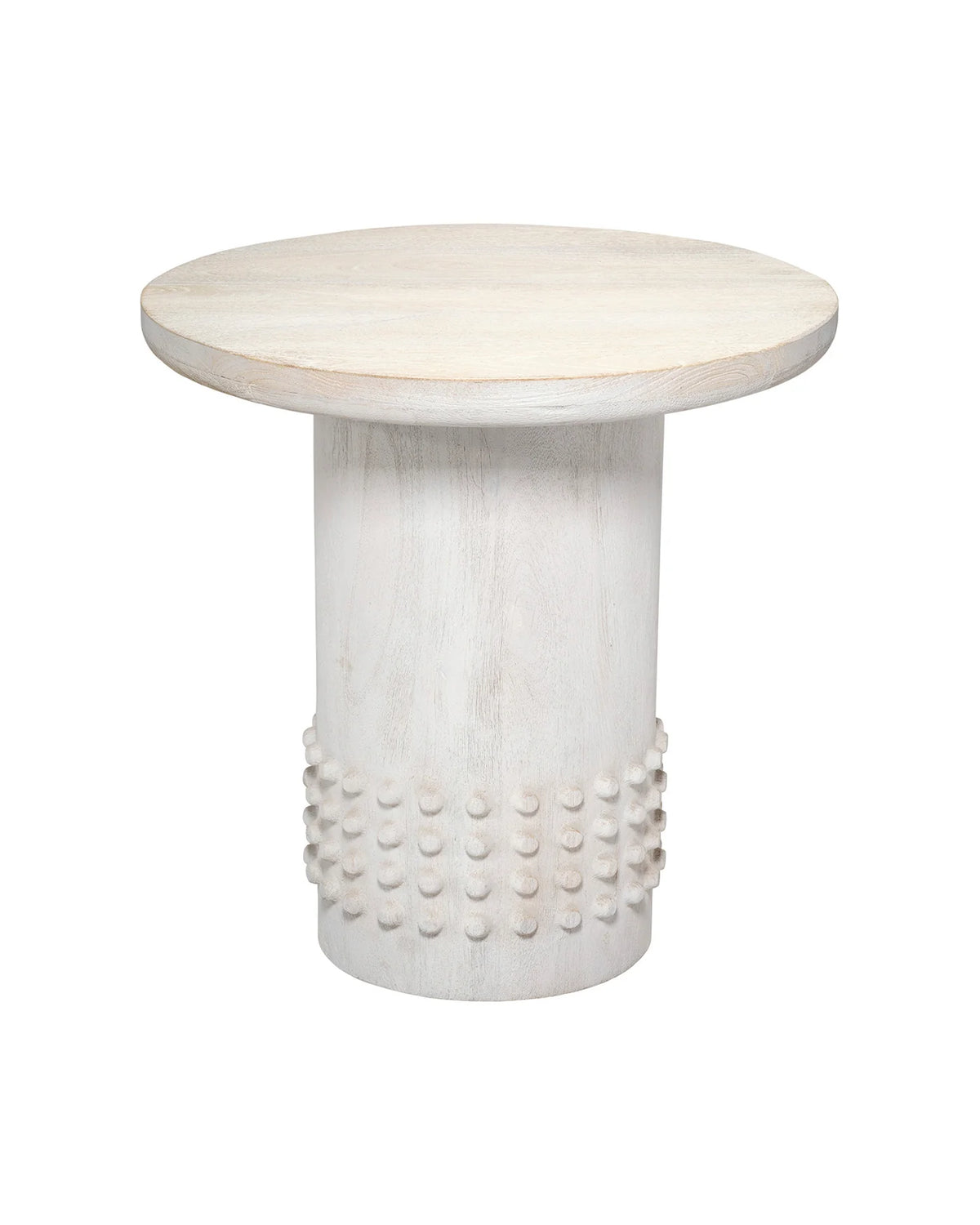 A round side table with a light natural wood top and a distressed white cylindrical base featuring a textured band of raised studs, shown on a plain white background.