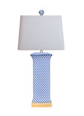Traditional style white and blue fishscale table lamps with gold leaf base.