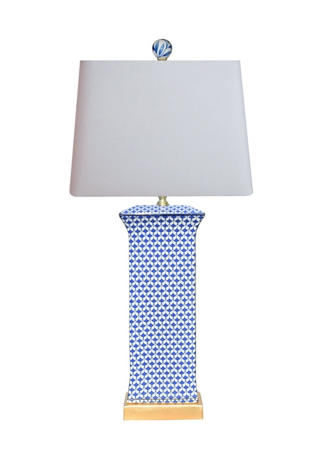 Traditional style white and blue fishscale table lamps with gold leaf base.