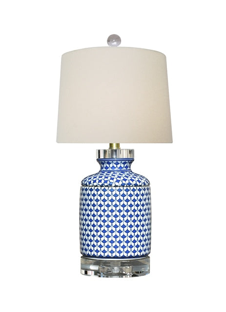 Traditional style mini blue and white fishscale table lamp with acrylic base and finial.