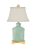 Traditional style mini green and white fishscale table lamp with gold leaf base.
