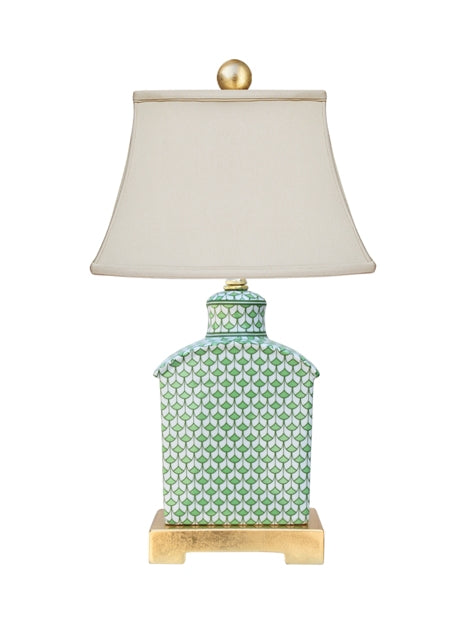 Traditional style mini green and white fishscale table lamp with gold leaf base.