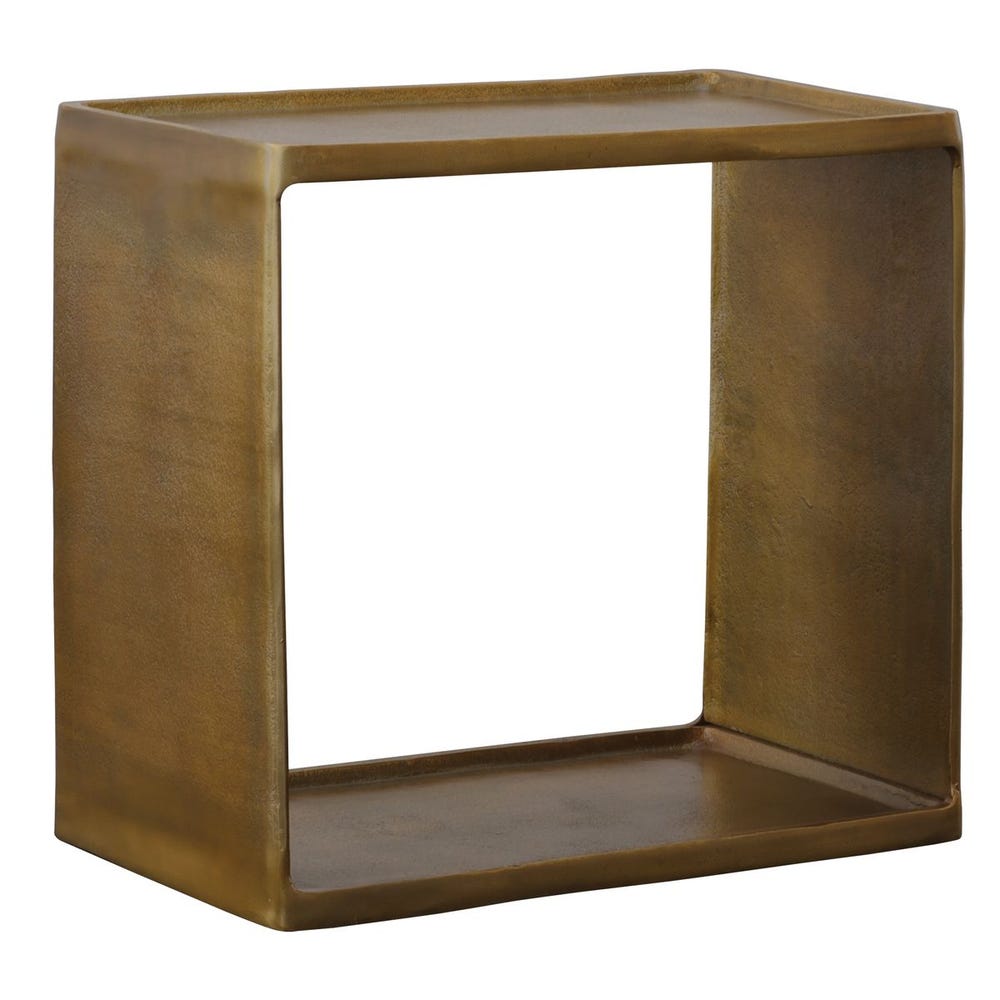 Emerson Side Table in antique brass finish, featuring a modern rectangular open-frame design with a smooth top and lower shelf.
