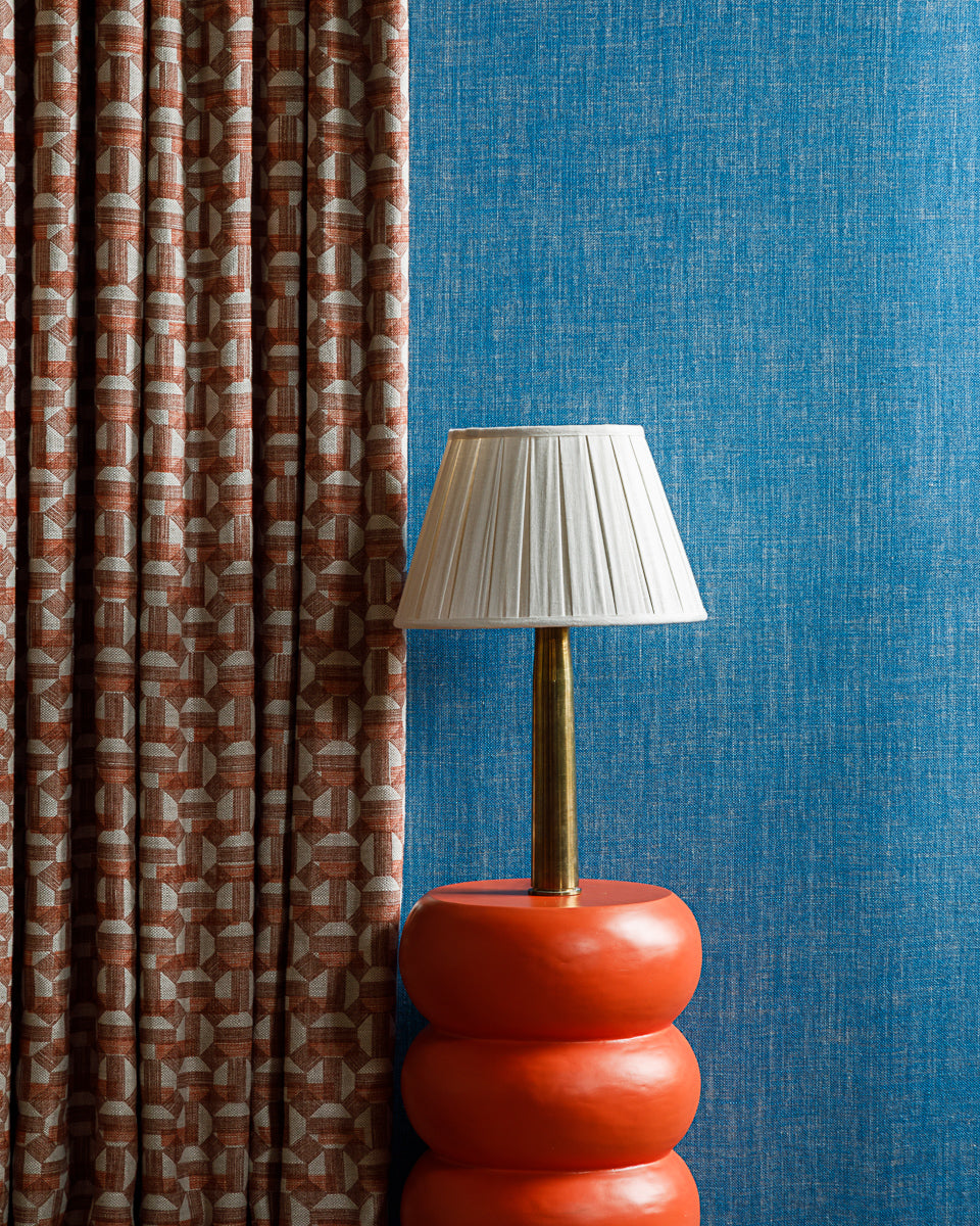 Fermoie Ivory Box Pleat Lampshade styled on a glass table lamp in Nashville, Tennessee