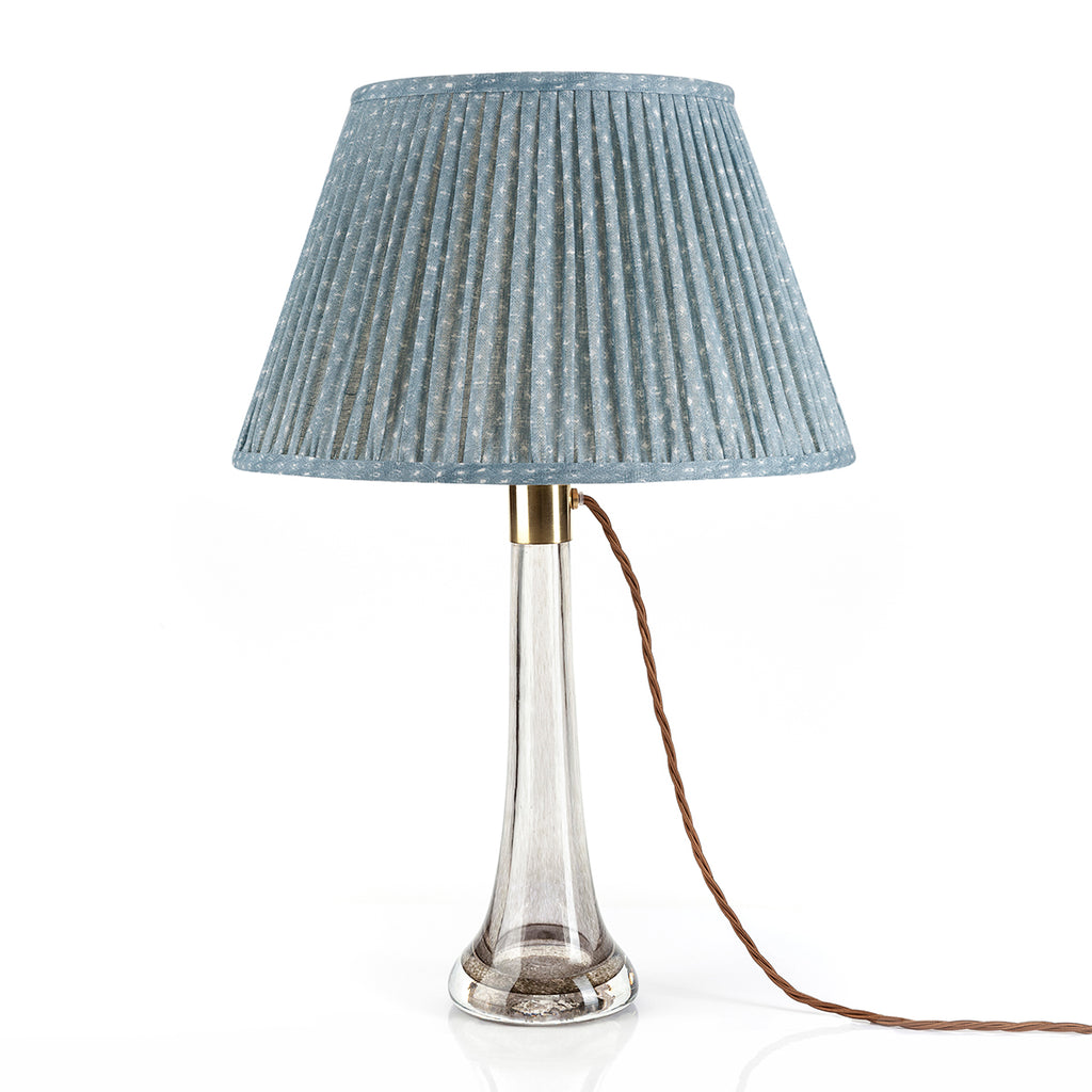 Fermoie Blue Figured Empire lampshade styled on a glass table lamp in Nashville, Tennessee
