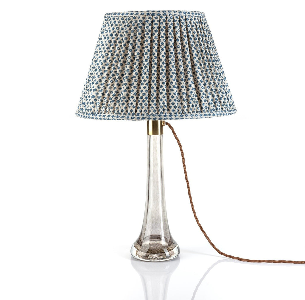 Fermoie Blue Marden empire lampshade styled on a glass table lamp in Nashville, Tennessee