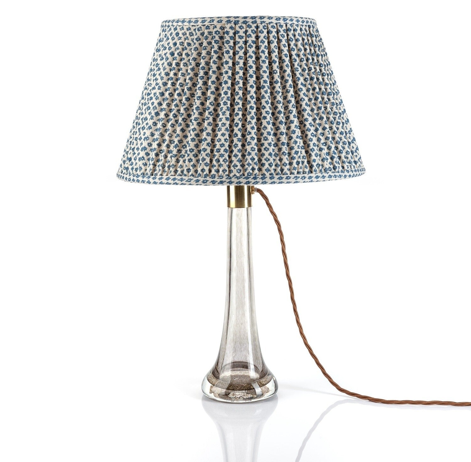 Fermoie Blue Marden empire lampshade styled on a glass table lamp in Nashville, Tennessee