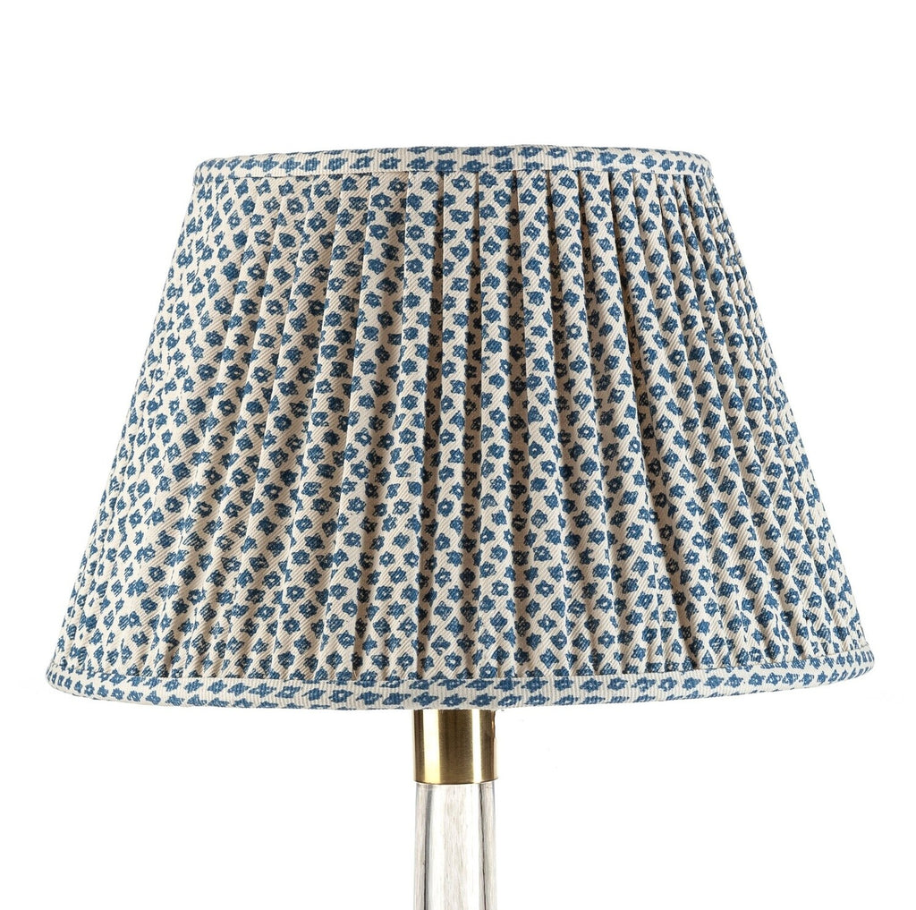 Fermoie Blue Marden Empire lampshade styled on a glass table lamp in Nashville, Tennessee
