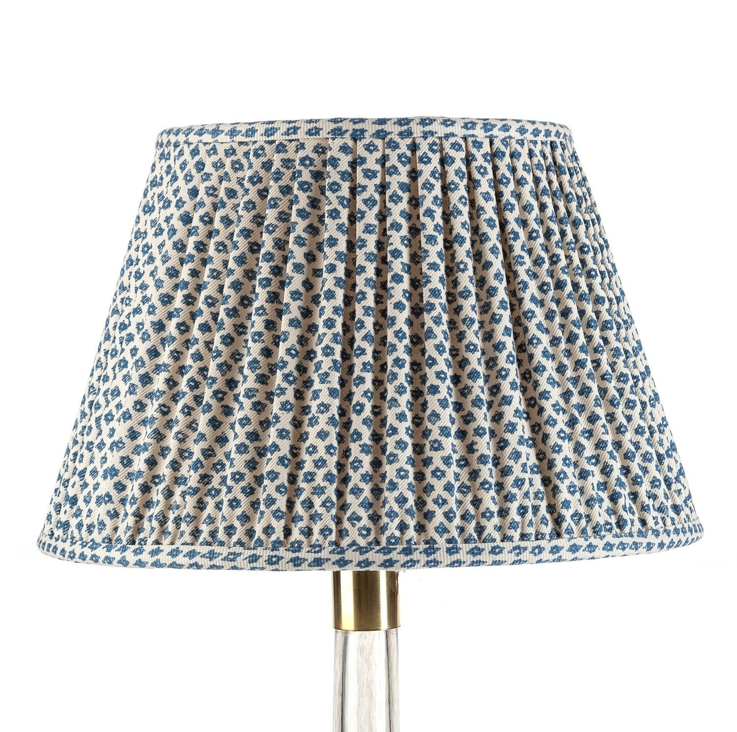 Fermoie Blue Marden Empire lampshade styled on a glass table lamp in Nashville, Tennessee