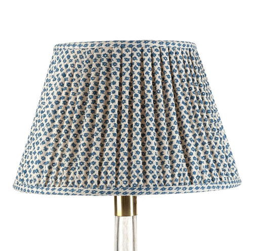 Fermoie Blue Marden Empire lampshade styled on a glass table lamp in Nashville, Tennessee