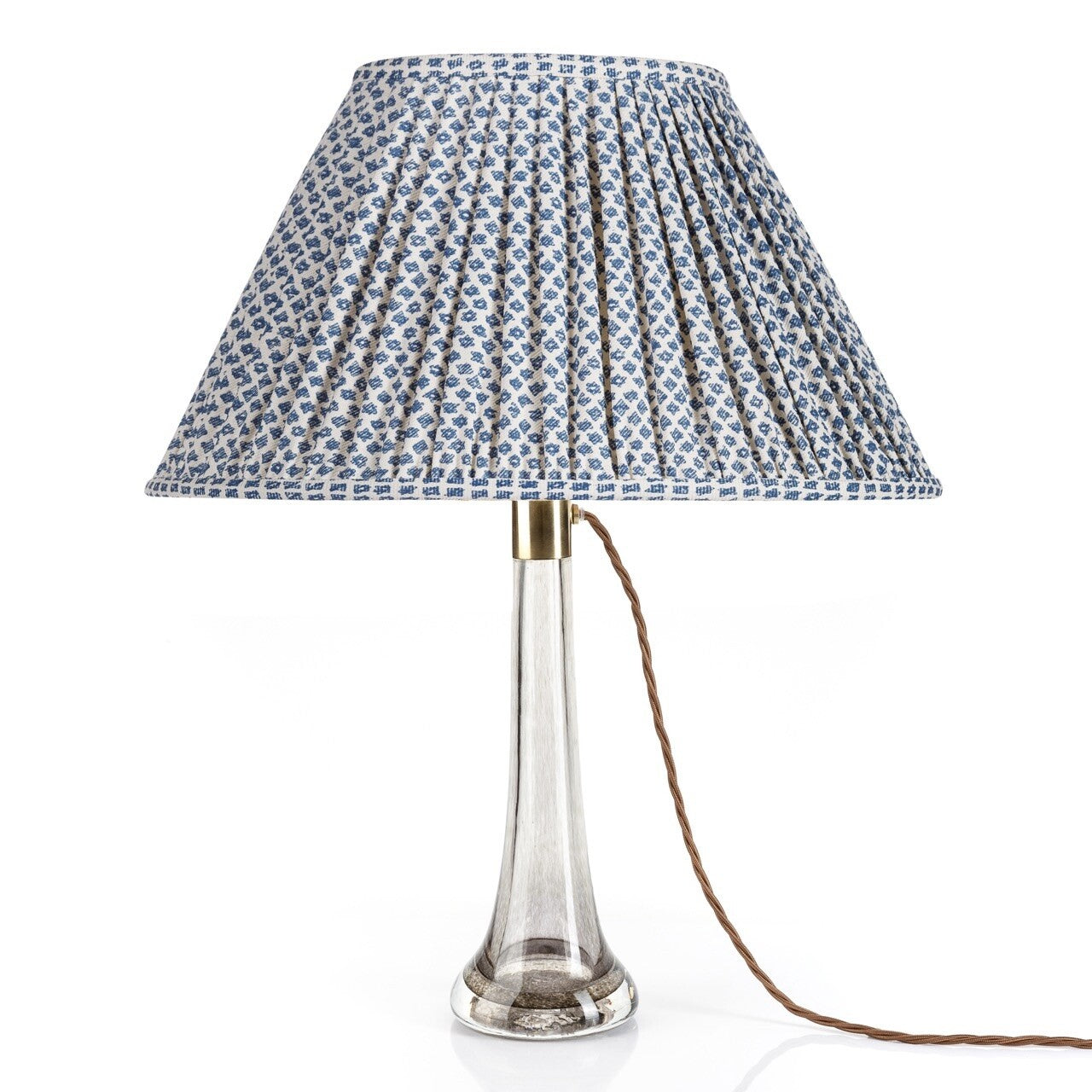 Fermoie Blue Marden Oval lampshade styled on a glass table lamp in Nashville, Tennessee