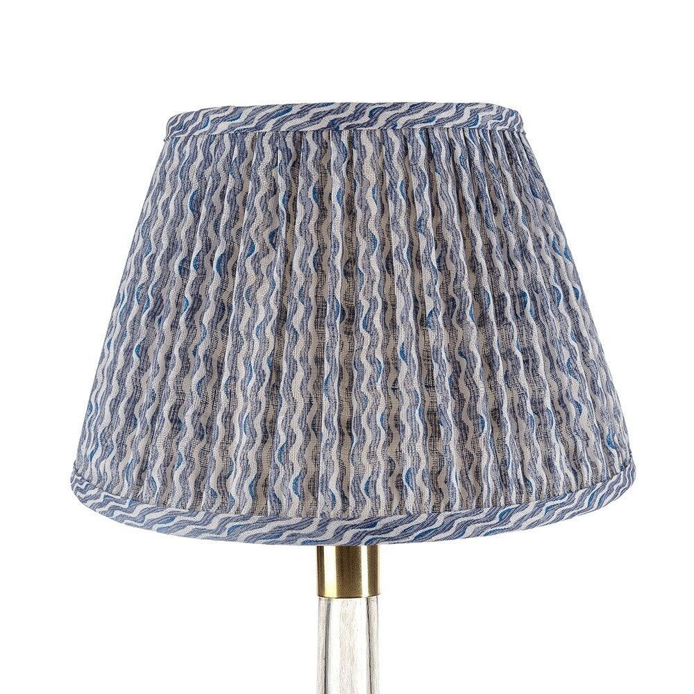Fermoie Blue Popple empire lampshade styled on a glass table lamp in Nashville, Tennessee