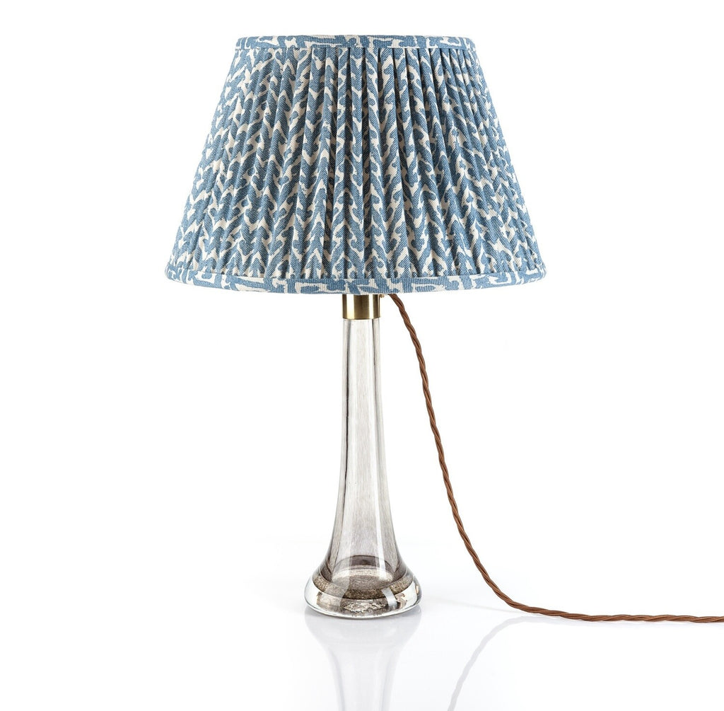 Fermoie Blue Rabanna Lampshade styled on a glass table lamp in Nashville, Tennessee