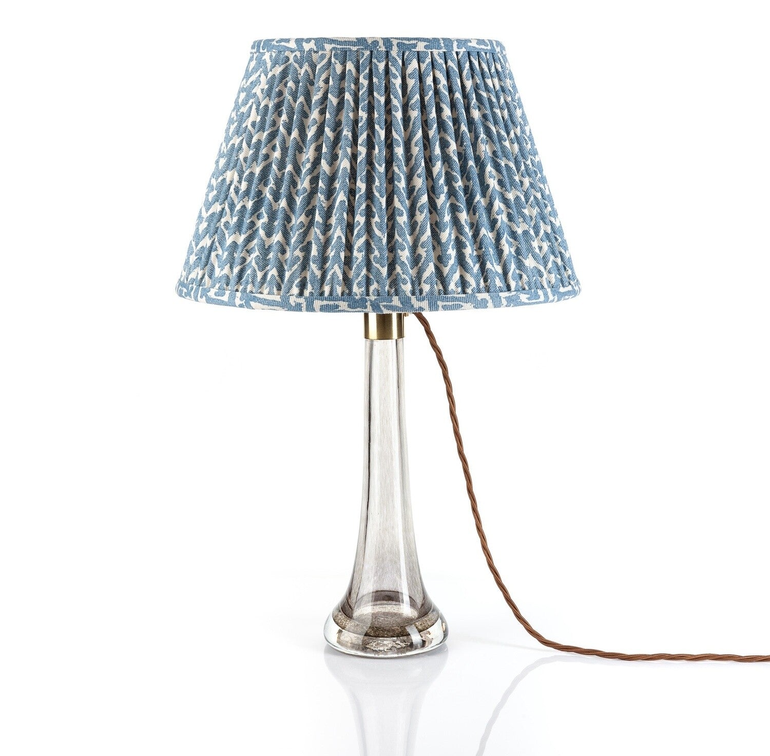 Fermoie Blue Rabanna Lampshade styled on a glass table lamp in Nashville, Tennessee
